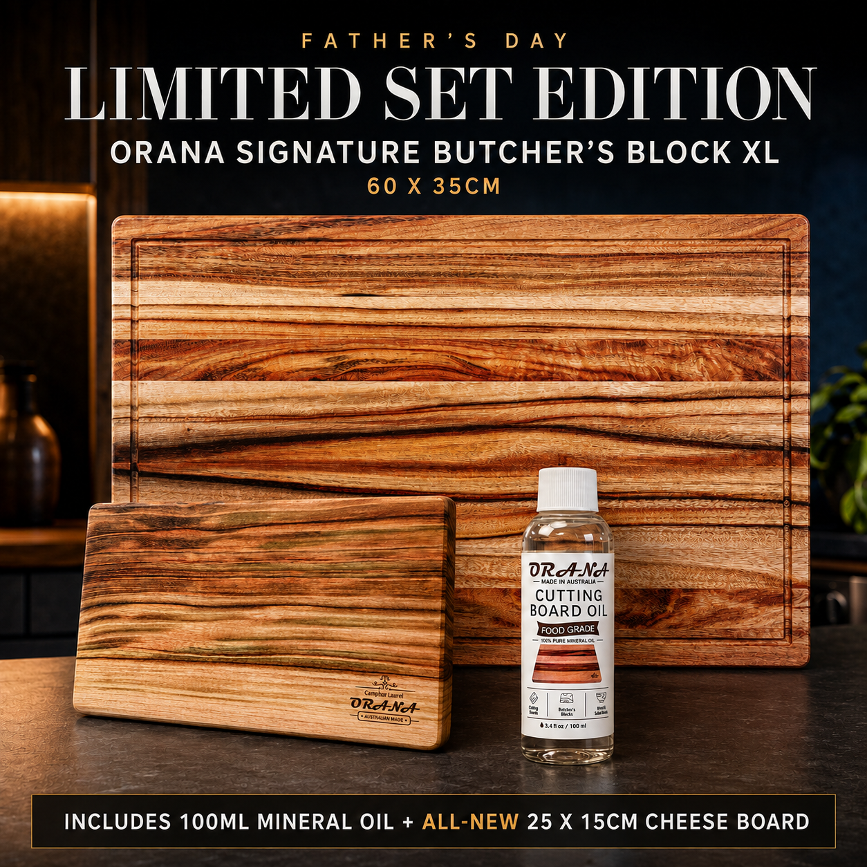 [Father's Day] Orana Signature Extra Large Butchers Block 60 x 35cm + 25x15cm Cheese board + 100ml oil