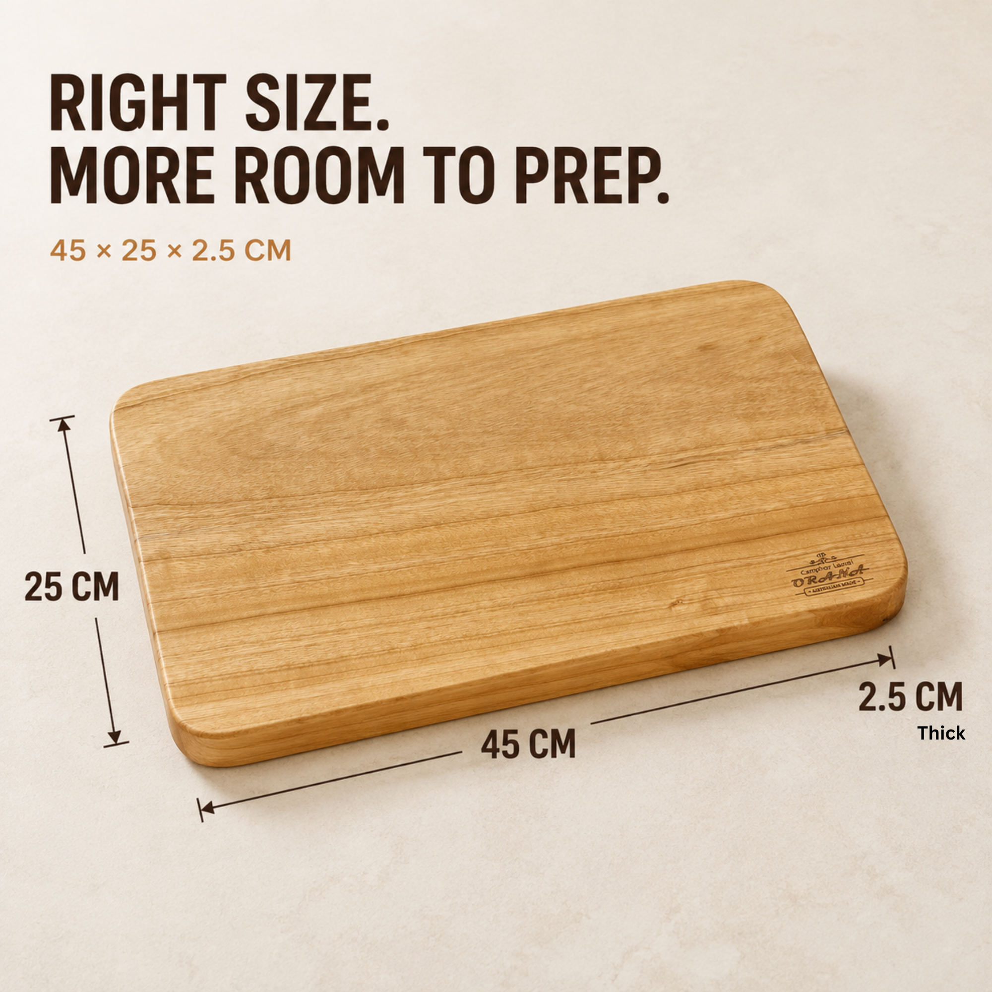 ORANA Everyday Wavy 45 – Camphor Laurel Single-Piece Cutting Board 45 × 25 cm