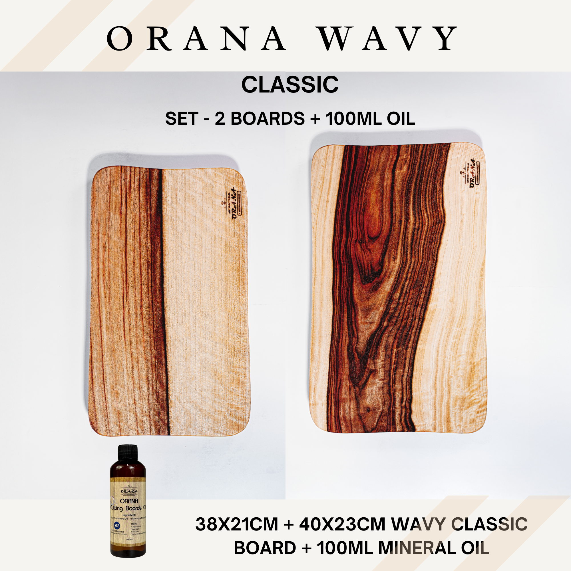[Limited Edition] Orana Wavy Classic Set - 2 Boards with Mineral Oil 100ml (38x21cm, 45x25cm)