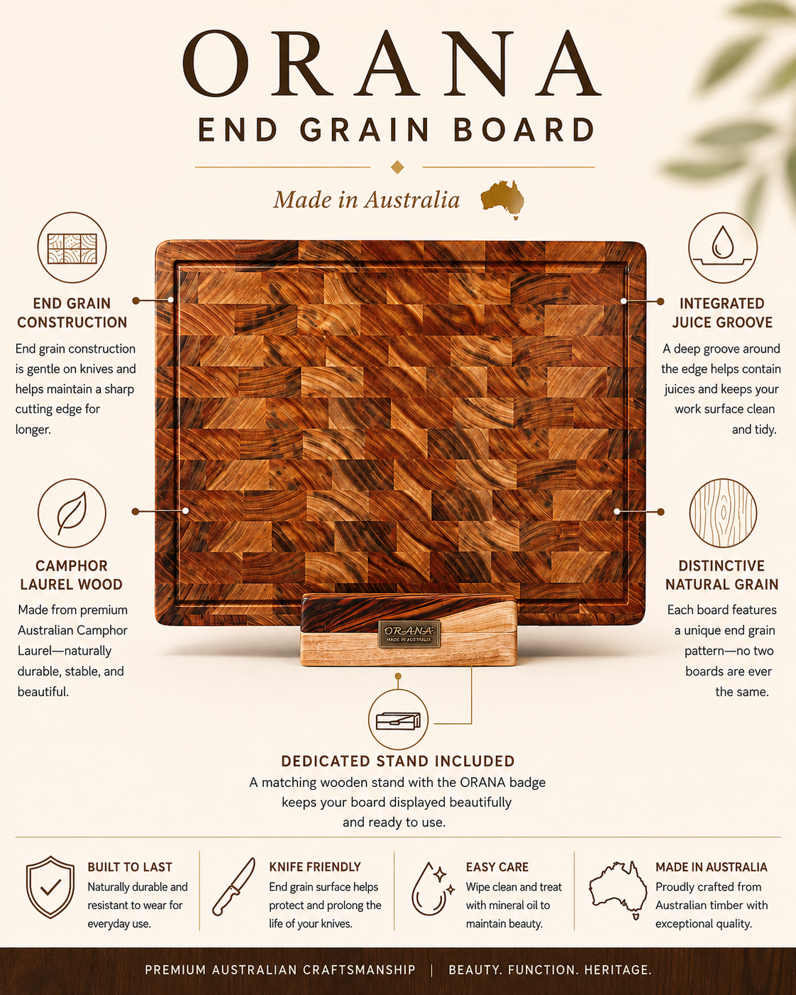[END GRAIN 50% 할인] 캄포로렐 오라나 엔드 그레인 보드 - 50 x 34cm (스탠드 포함) + 오일 100ml 