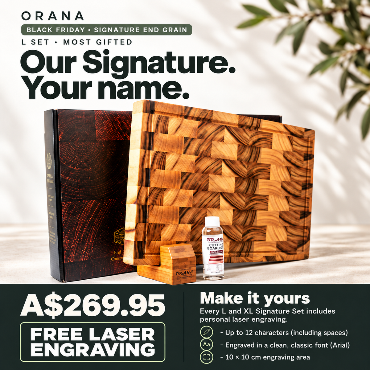 [Free Engraving] ORANA Signature End Grain L Gift Set – Australian Premium Camphor Laurel Cutting Board 44 × 30 cm with Stand, 100ml Mineral Oil & Gift Box