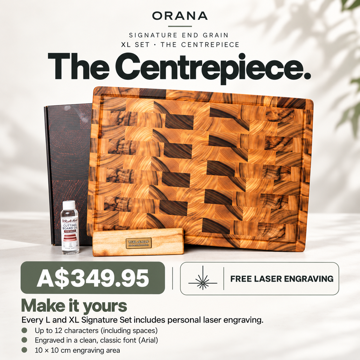 [Free Engraving] ORANA Signature End Grain XL Gift Set – Australian Premium Camphor Laurel Cutting Board 50 × 34 cm with XL Stand, 100ml Mineral Oil & Gift Box