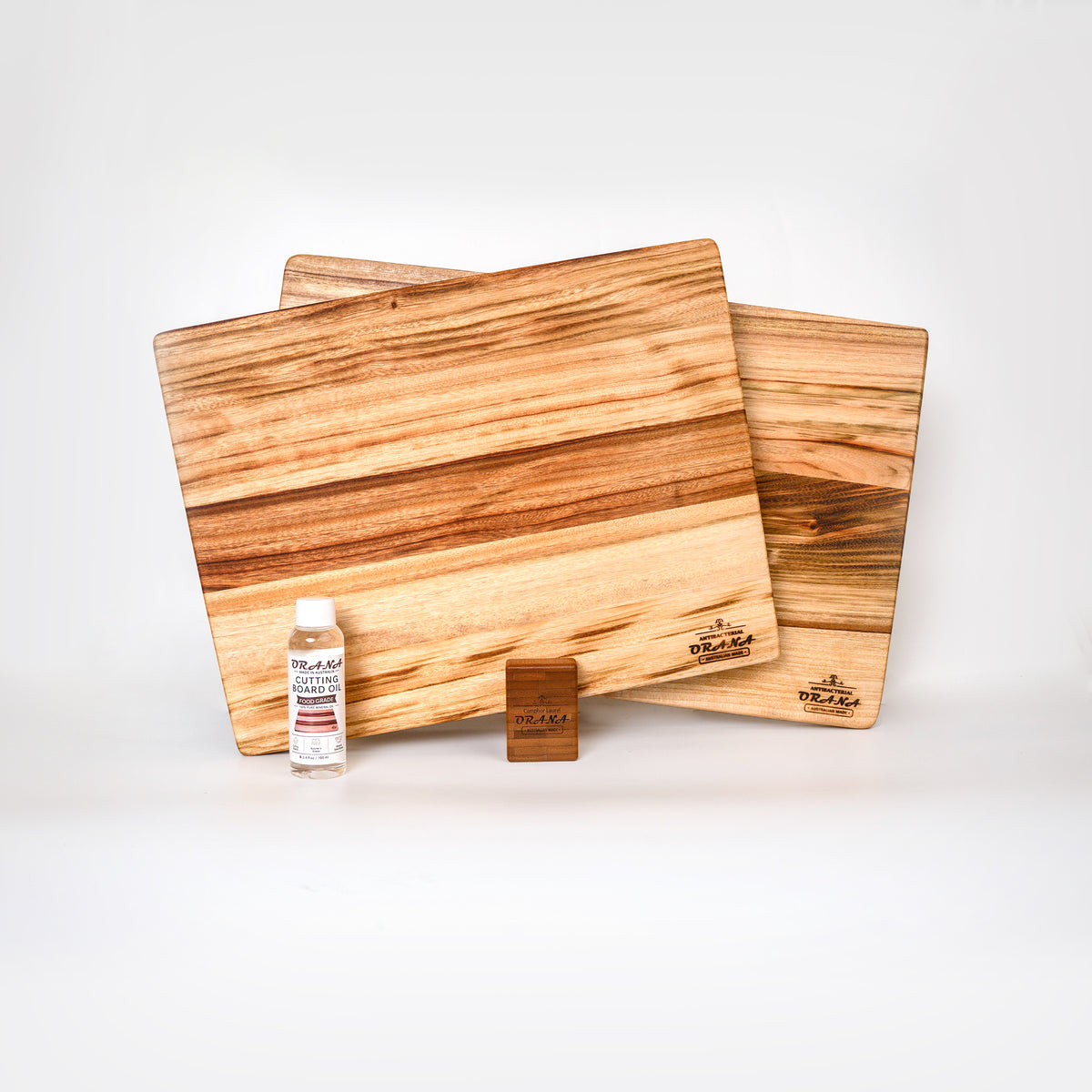Orana Signature Edge Grain Australian Premium Camphor Laurel Cutting Board Set – 40x31cm + 50x31cm Edge Board with 2 Boards Stand & Mineral Oil