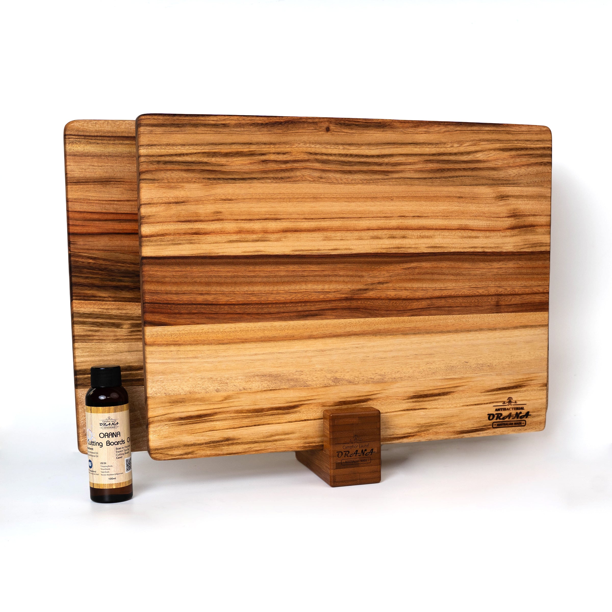 Orana Signature Edge Grain Australian Premium Camphor Laurel Cutting Board Set – 40x31cm + 50x31cm Edge Board with 2 Boards Stand & Mineral Oil
