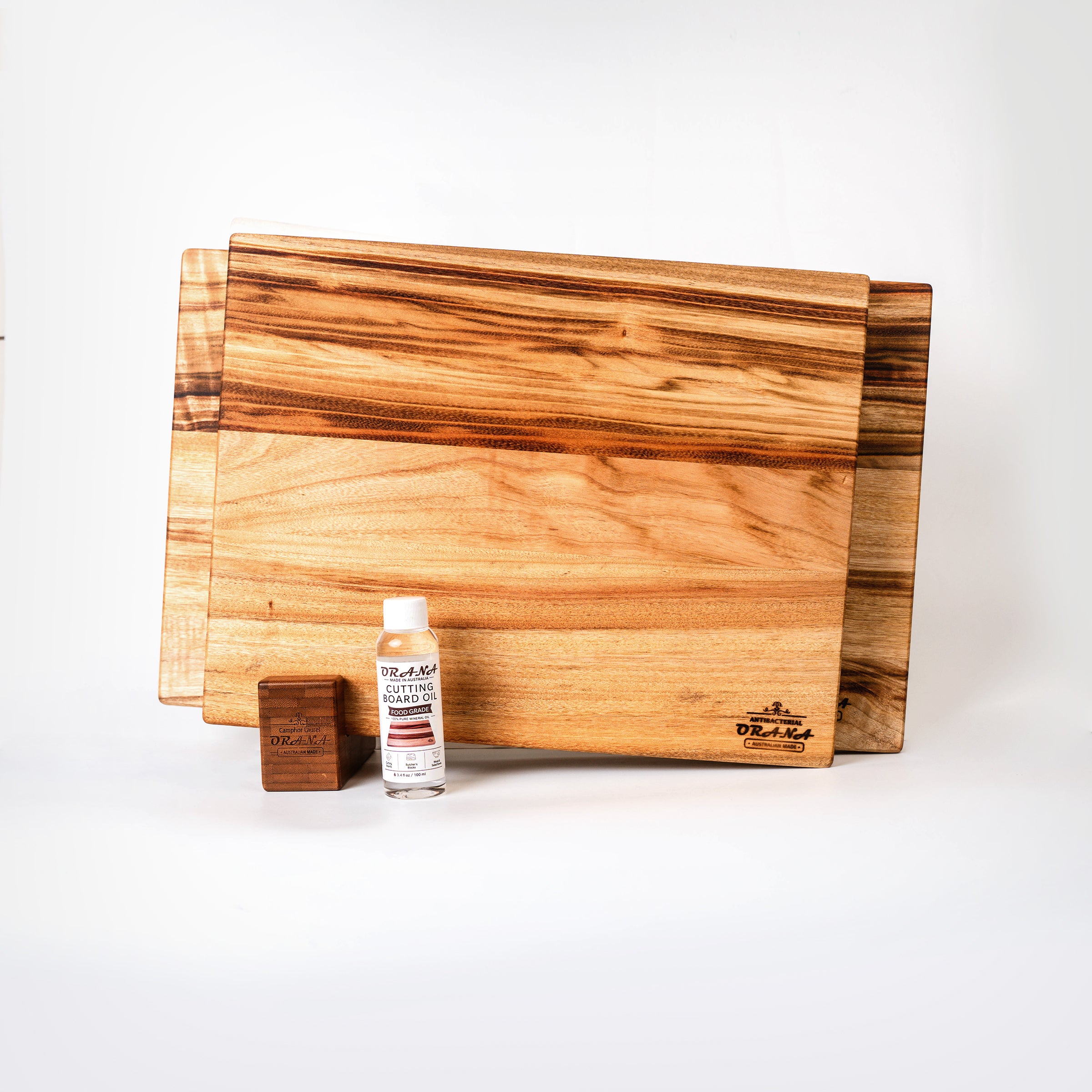 Orana Signature Edge Grain Australian Premium Camphor Laurel Cutting Board Set – 40x31cm + 50x31cm Edge Board with 2 Boards Stand & Mineral Oil