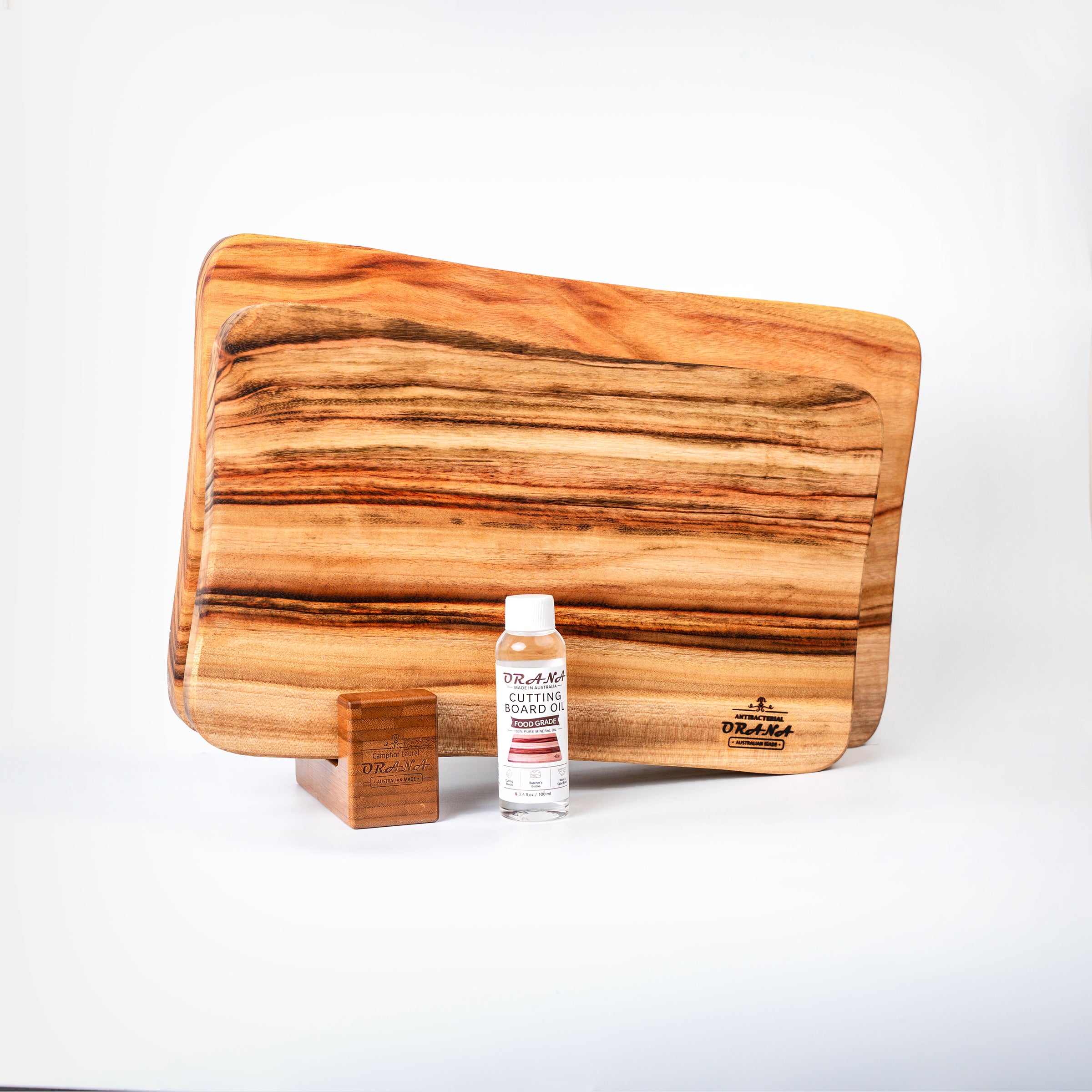 [Father's Day] Orana Signature Wavy Australian Premium Camphor Laurel Single Piece Cutting Board Set – 2 Boards with Stands & Mineral Oil (40x23cm, 46x28cm)