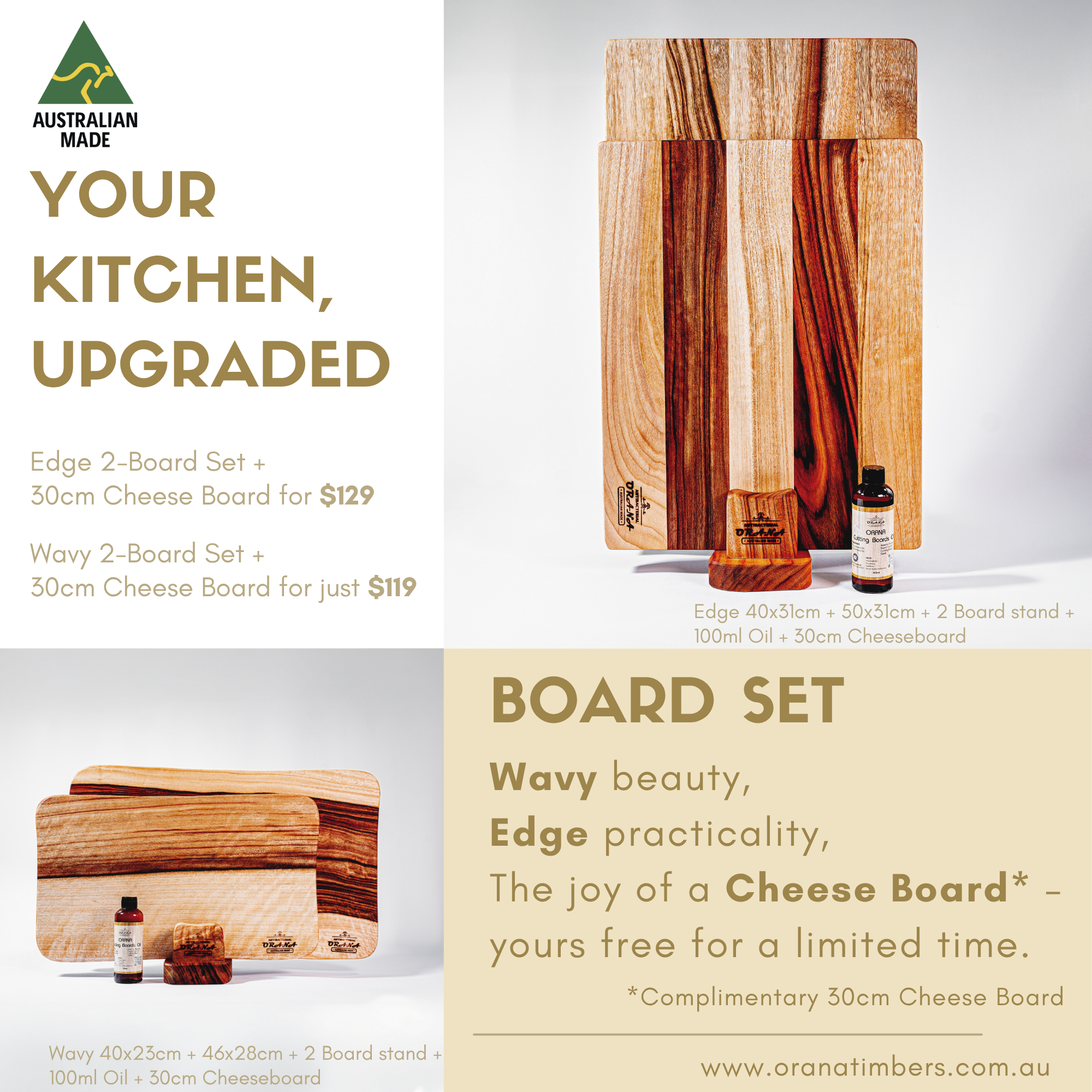 Orana Camphor Laurel Single Piece Cutting Board Set + 30cm Cheeseboard – 2 Boards with Stands & Mineral Oil (40x23cm, 46x28cm)