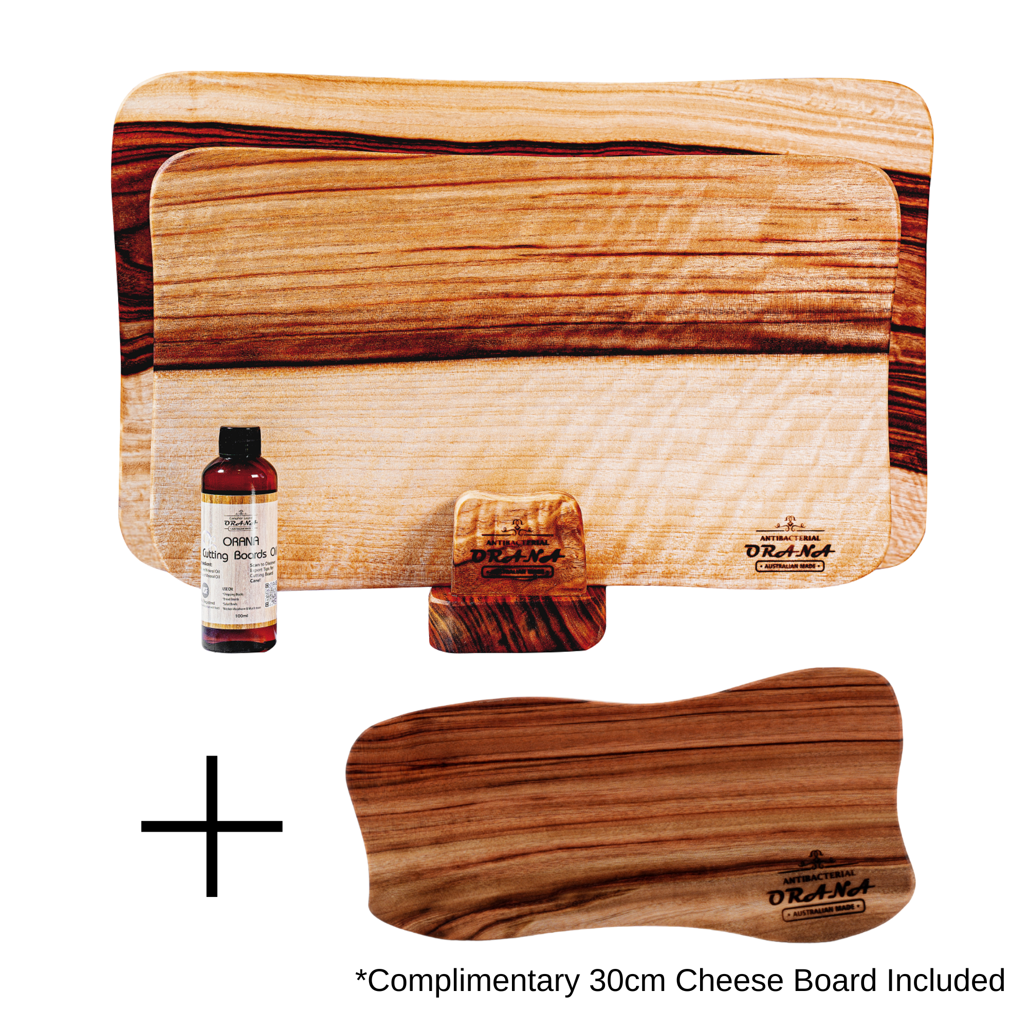 Orana Camphor Laurel Single Piece Cutting Board Set + 30cm Cheeseboard – 2 Boards with Stands & Mineral Oil (40x23cm, 46x28cm)