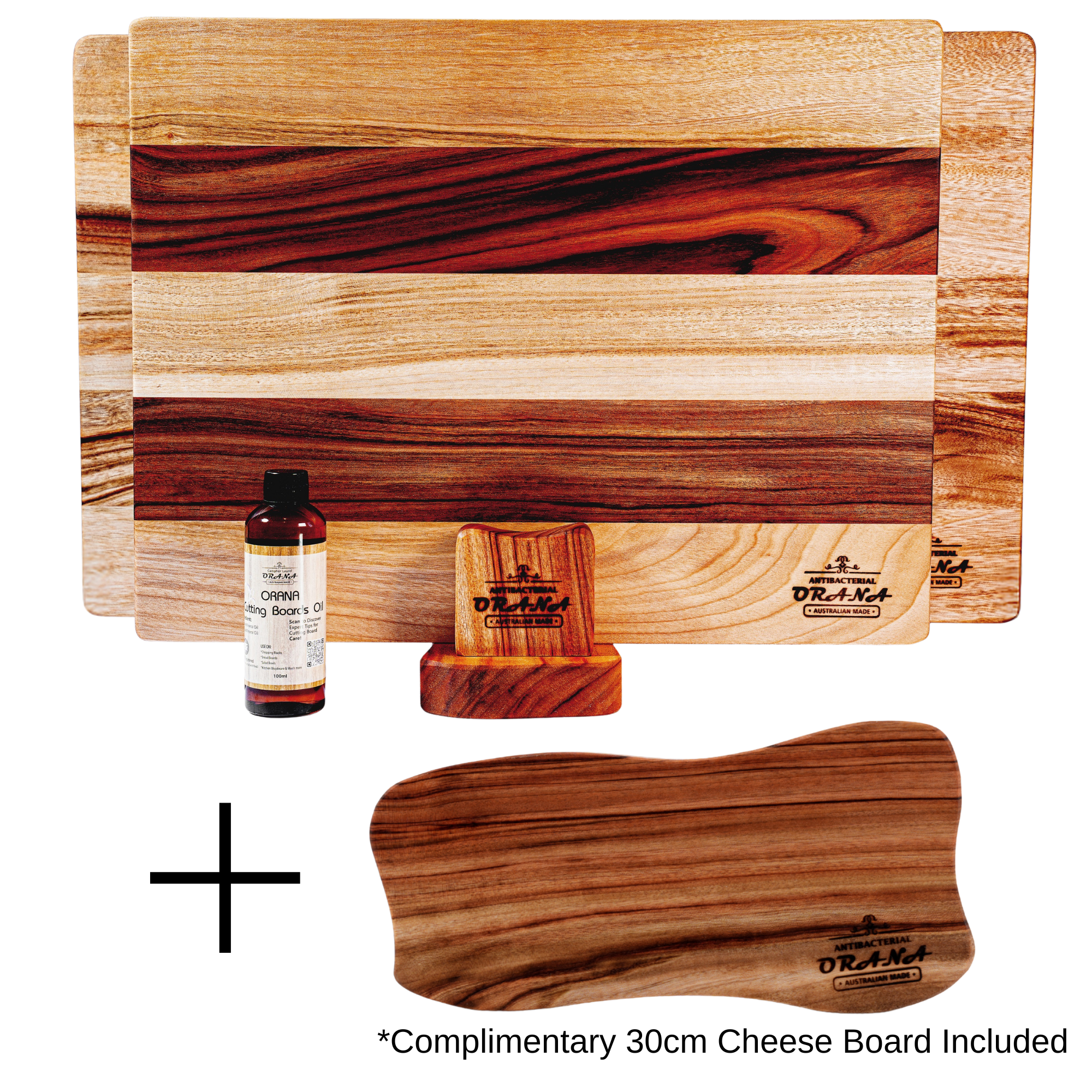 Orana Camphor Laurel 2 Boards Edge Set + 30cm Cheeseboard – 40x31cm + 50x31cm Edge Board with 2 Boards Stand & Mineral Oil
