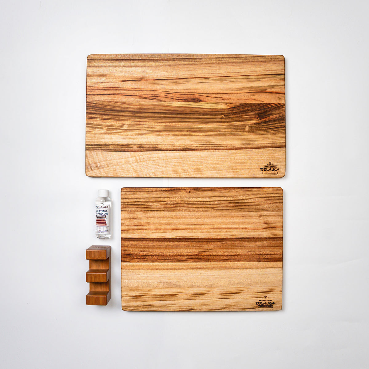 Orana Signature Edge Grain Australian Premium Camphor Laurel Cutting Board Set – 40x31cm + 50x31cm Edge Board with 2 Boards Stand & Mineral Oil