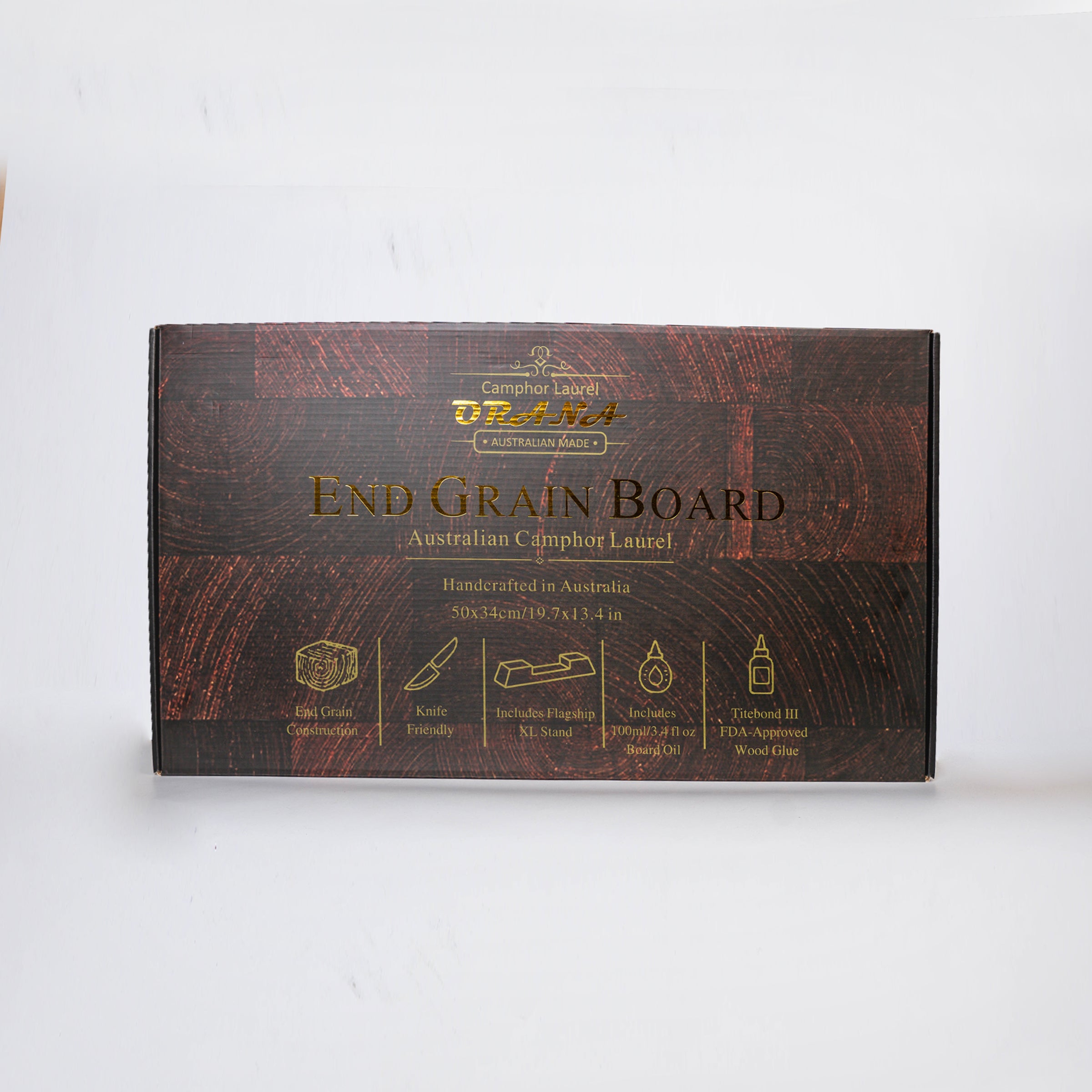 ORANA Signature End Grain XL Gift Set – Australian Premium Camphor Laurel Cutting Board 50 × 34 cm with XL Stand, 100ml Mineral Oil & Gift Box