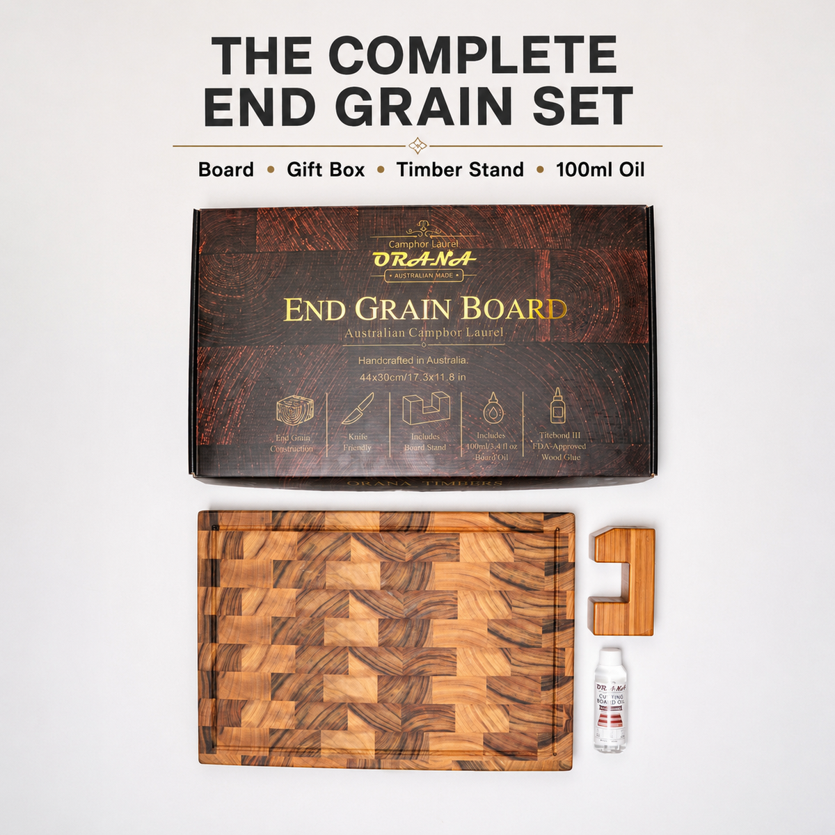 ORANA Signature End Grain L Gift Set – Australian Premium Camphor Laurel Cutting Board 44 × 30 cm with Stand, 100ml Mineral Oil & Gift Box