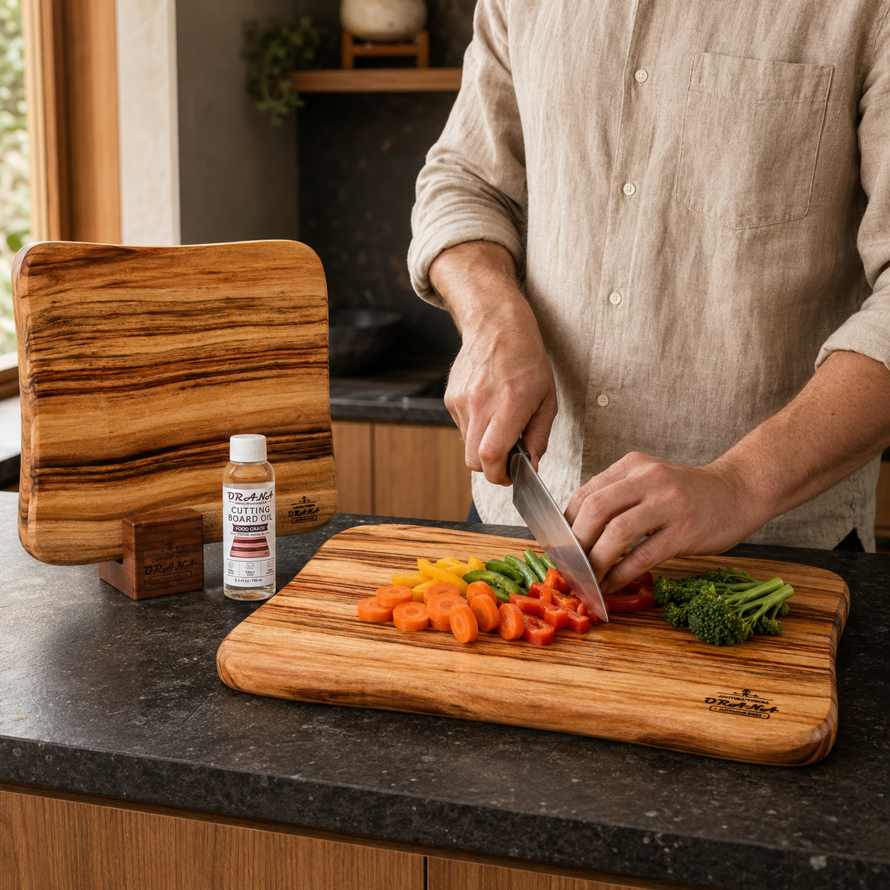 [Father's Day] Orana Signature Wavy Australian Premium Camphor Laurel Single Piece Cutting Board Set – 2 Boards with Stands & Mineral Oil (40x23cm, 46x28cm)