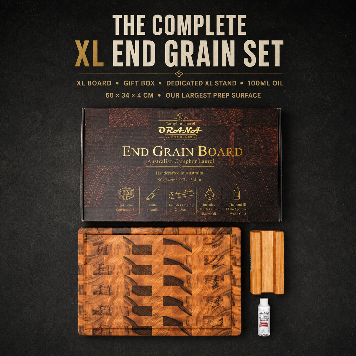 ORANA Signature End Grain XL Gift Set – Australian Premium Camphor Laurel Cutting Board 50 × 34 cm with XL Stand, 100ml Mineral Oil & Gift Box