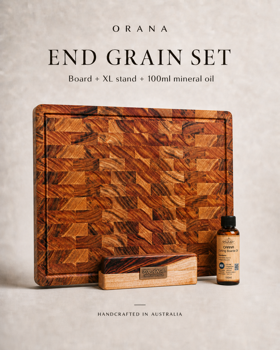 Camphor Laurel Orana End Grain Board – 50 x 34cm with Stand + 100ml mineral oil
