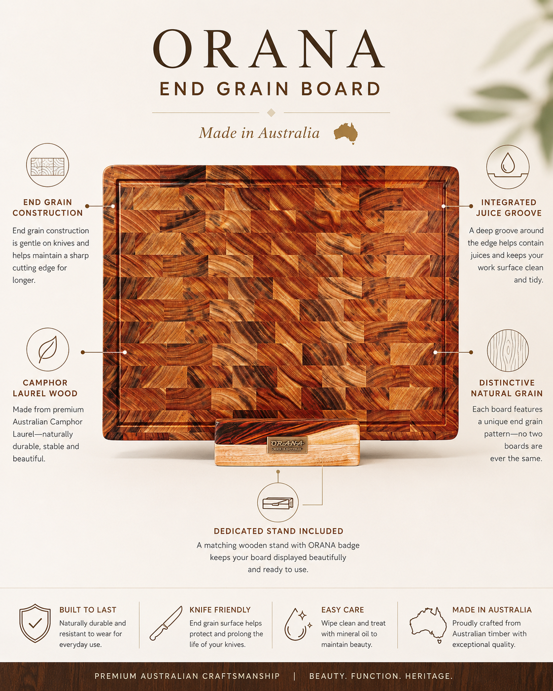 Camphor Laurel Orana End Grain Board – 50 x 34cm with Stand + 100ml mineral oil