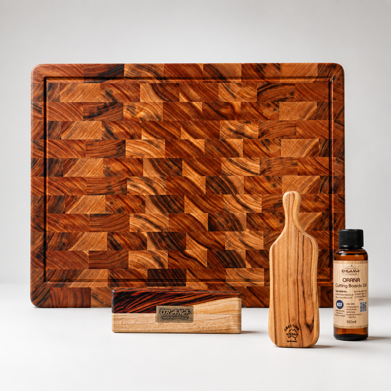 [EOFY] Camphor Laurel Orana End Grain Board – 50 x 34cm with Stand + 100ml oil + Small handle board(30x12cm)