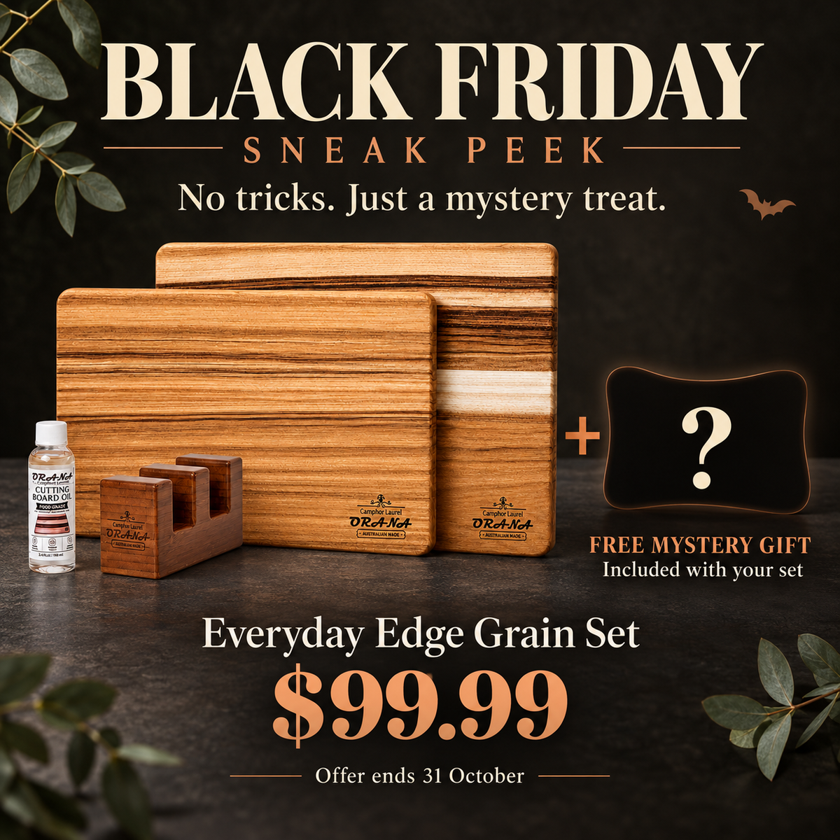 [Mystery Gift] ORANA Everyday Edge Grain Cutting Board Set – Camphor Laurel Boards, 40 × 28 cm & 50 × 30 cm Edge Board Made in Australia, with 2 Boards Stand & Mineral Oil