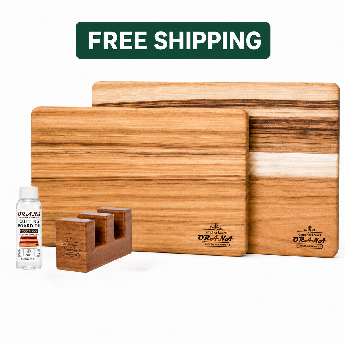 [Free Shipping] ORANA Everyday Edge Grain Cutting Board Set – Camphor Laurel Boards, 40 × 28 cm & 50 × 30 cm Edge Board Made in Australia, with 2 Boards Stand & Mineral Oil