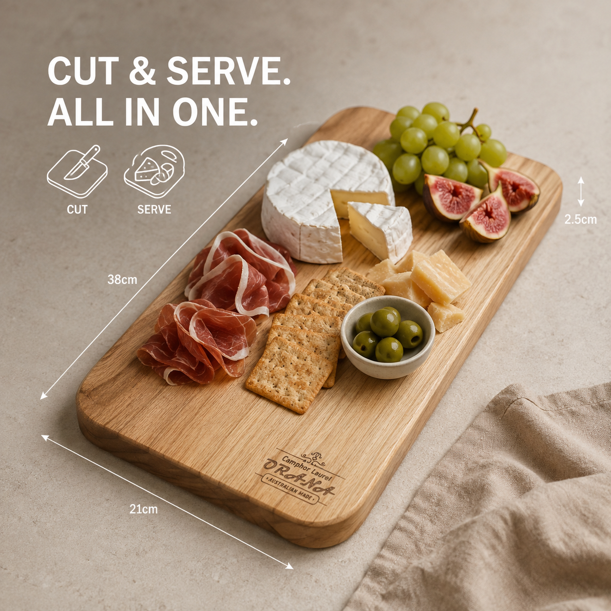 ORANA Everyday Wavy 38 – Camphor Laurel Cutting Board 38 × 21 cm
