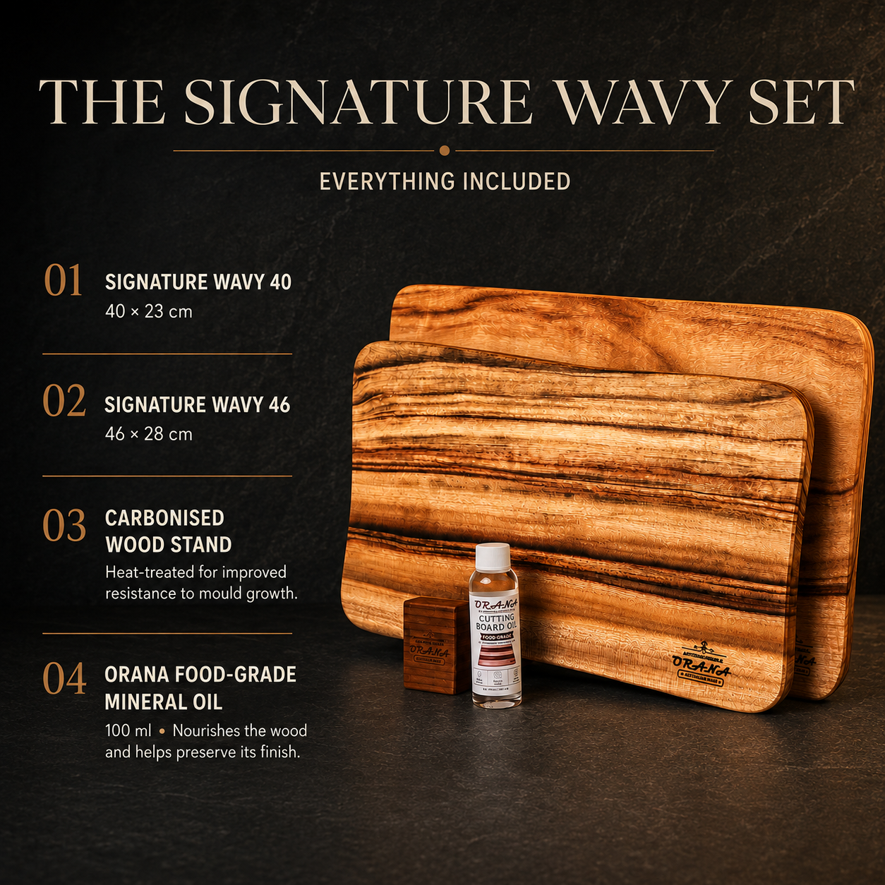 Orana Signature Wavy Australian Premium Camphor Laurel Single Piece Cutting Board Set – 2 Boards with Stands & Mineral Oil (40x23cm, 46x28cm)