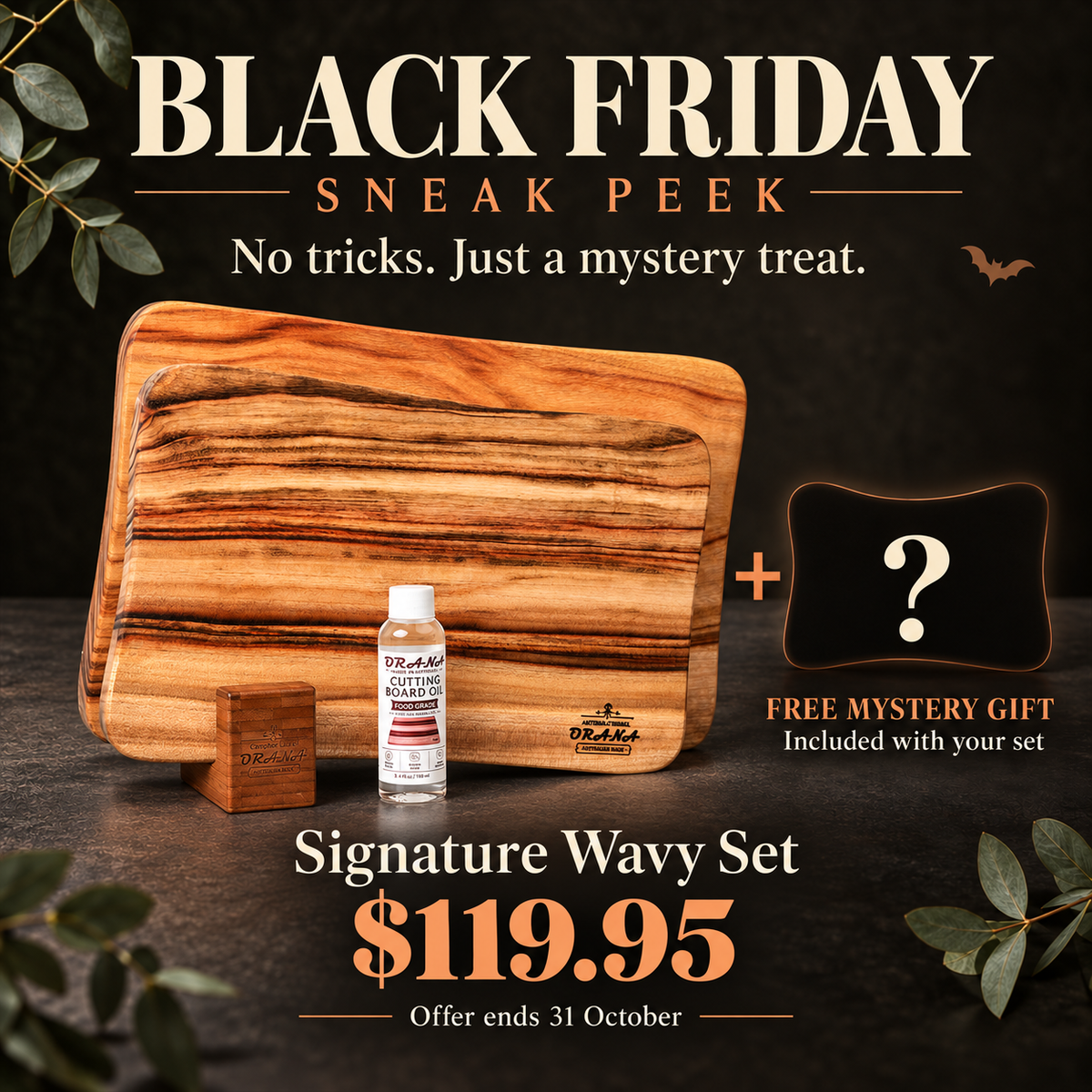 [Mystery Gift] Orana Signature Wavy Australian Premium Camphor Laurel Single Piece Cutting Board Set – 2 Boards with Stands & Mineral Oil (40x23cm, 46x28cm)